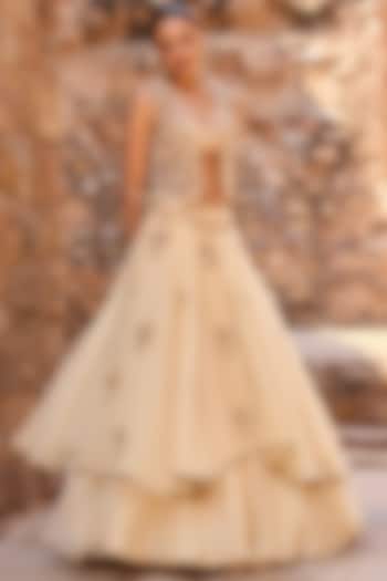 Champagne Organza Layered Wedding Lehenga Set by AWIGNA BY VARSHA & RITTU at Pernia's Pop Up Shop