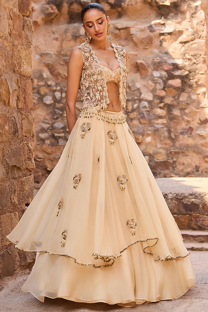 Champagne Organza Layered Wedding Lehenga Set by AWIGNA BY VARSHA & RITTU at Pernia's Pop Up Shop