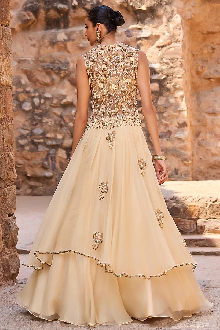 Champagne Organza Layered Wedding Lehenga Set by AWIGNA BY VARSHA & RITTU at Pernia's Pop Up Shop