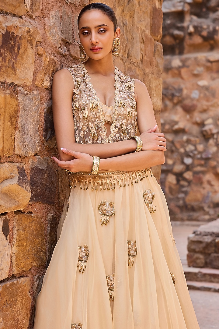 Champagne Organza Layered Wedding Lehenga Set by AWIGNA BY VARSHA & RITTU at Pernia's Pop Up Shop