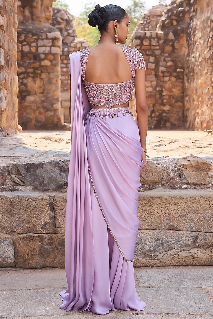 Lavender Silk Metal Beads Embroidered Draped Wedding Saree Set by AWIGNA BY VARSHA & RITTU at Pernia's Pop Up Shop