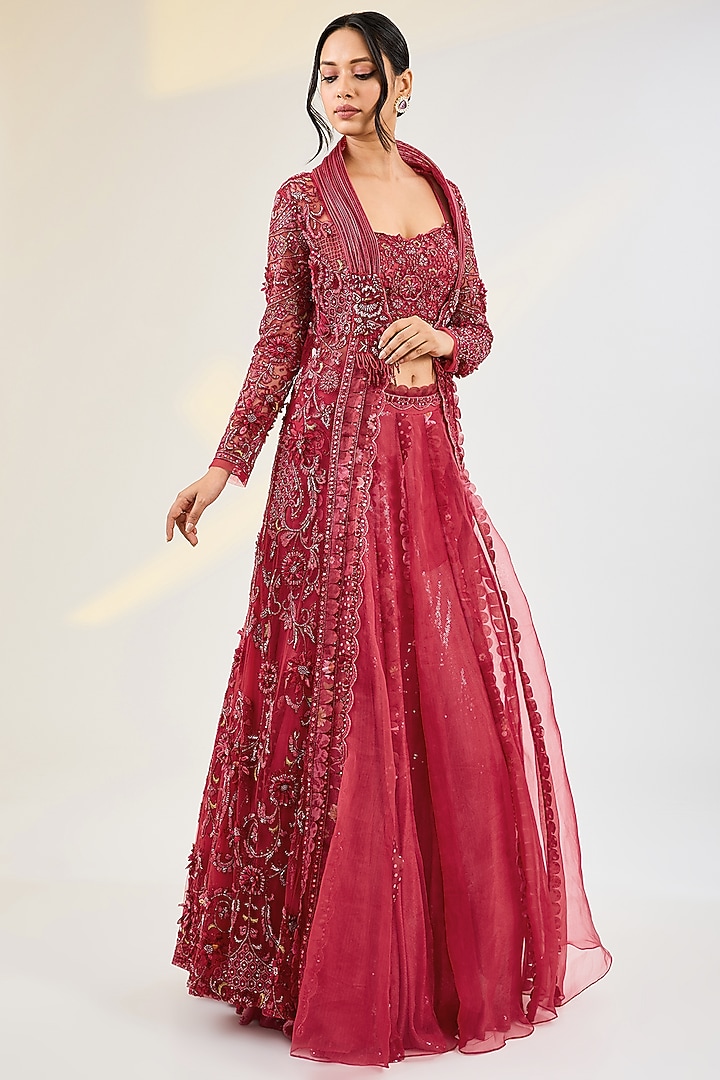 Coral Red Net Hand Embroidered Jacket Set by AWIGNA BY VARSHA & RITTU at Pernia's Pop Up Shop