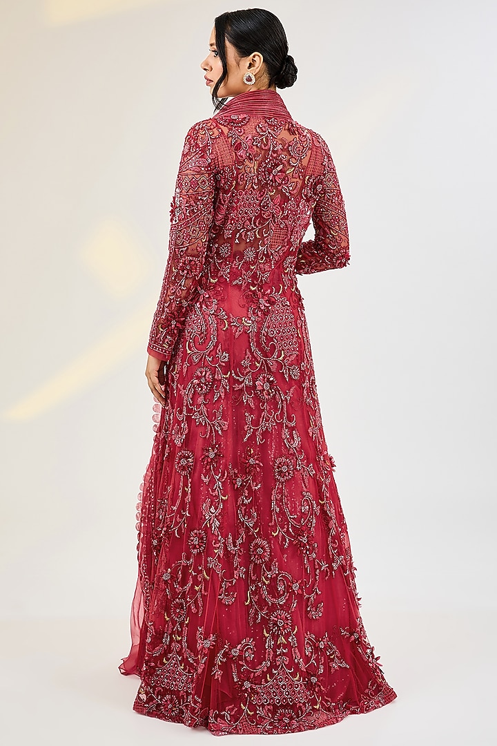 Coral Red Net Hand Embroidered Jacket Set by AWIGNA BY VARSHA & RITTU at Pernia's Pop Up Shop