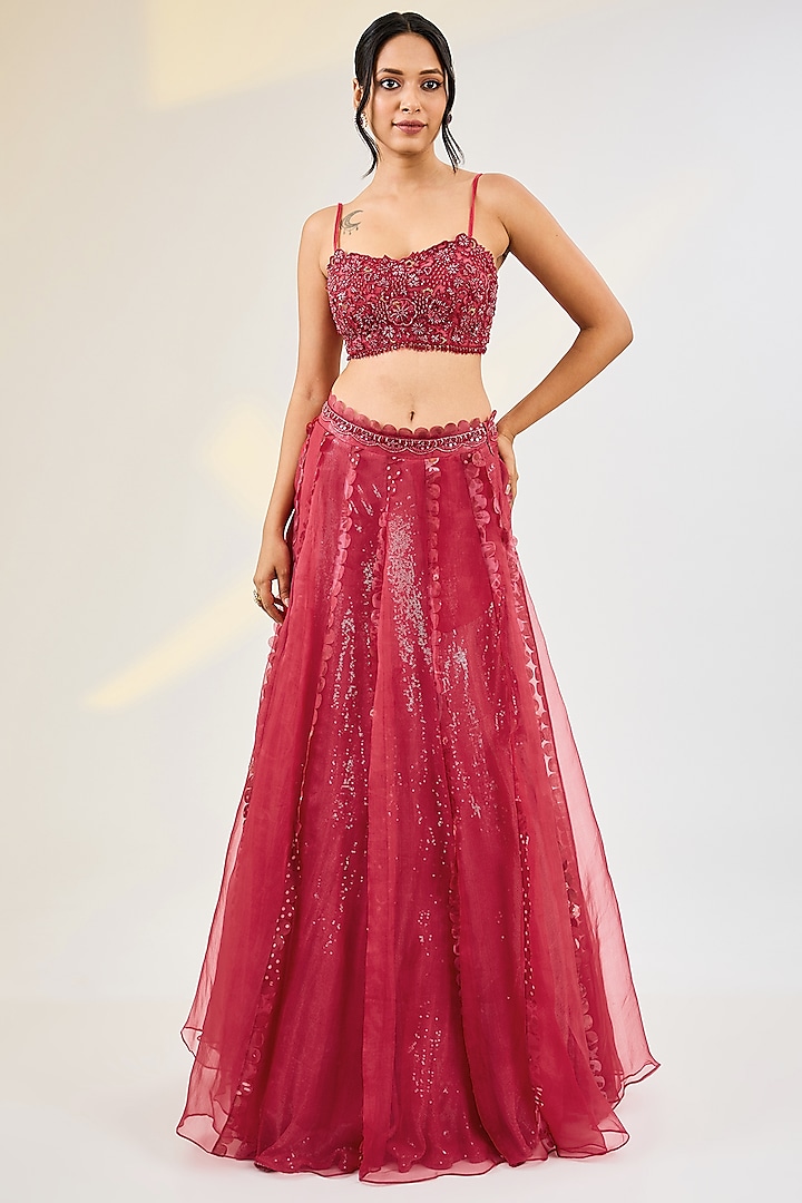 Coral Red Net Hand Embroidered Jacket Set by AWIGNA BY VARSHA & RITTU at Pernia's Pop Up Shop