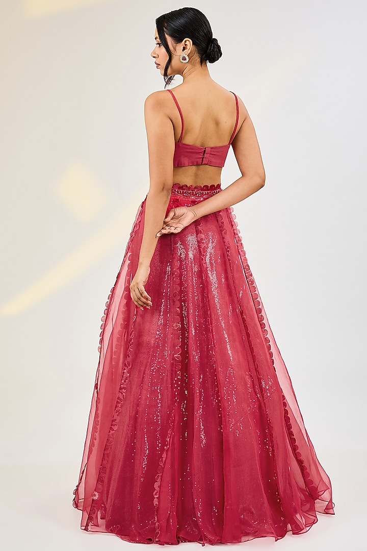 Coral Red Net Hand Embroidered Jacket Set by AWIGNA BY VARSHA & RITTU at Pernia's Pop Up Shop