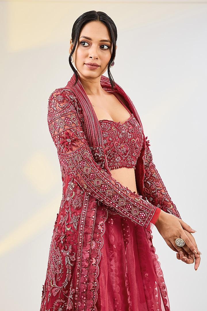 Coral Red Net Hand Embroidered Jacket Set by AWIGNA BY VARSHA & RITTU at Pernia's Pop Up Shop