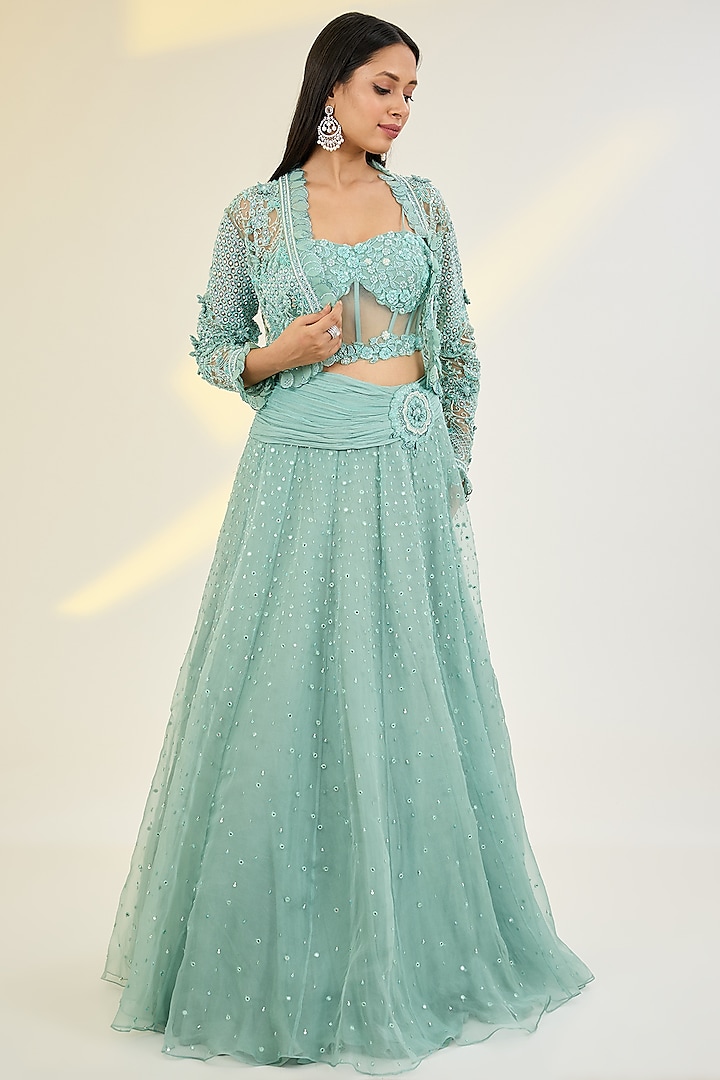 Frosty Mint Organza & Net Floral Hand Embroidered Jacket Wedding Lehenga Set by AWIGNA BY VARSHA & RITTU at Pernia's Pop Up Shop