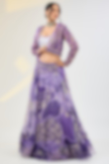 Purple Organza Embroidered & Digital Printed Skirt Set by AWIGNA BY VARSHA & RITTU at Pernia's Pop Up Shop