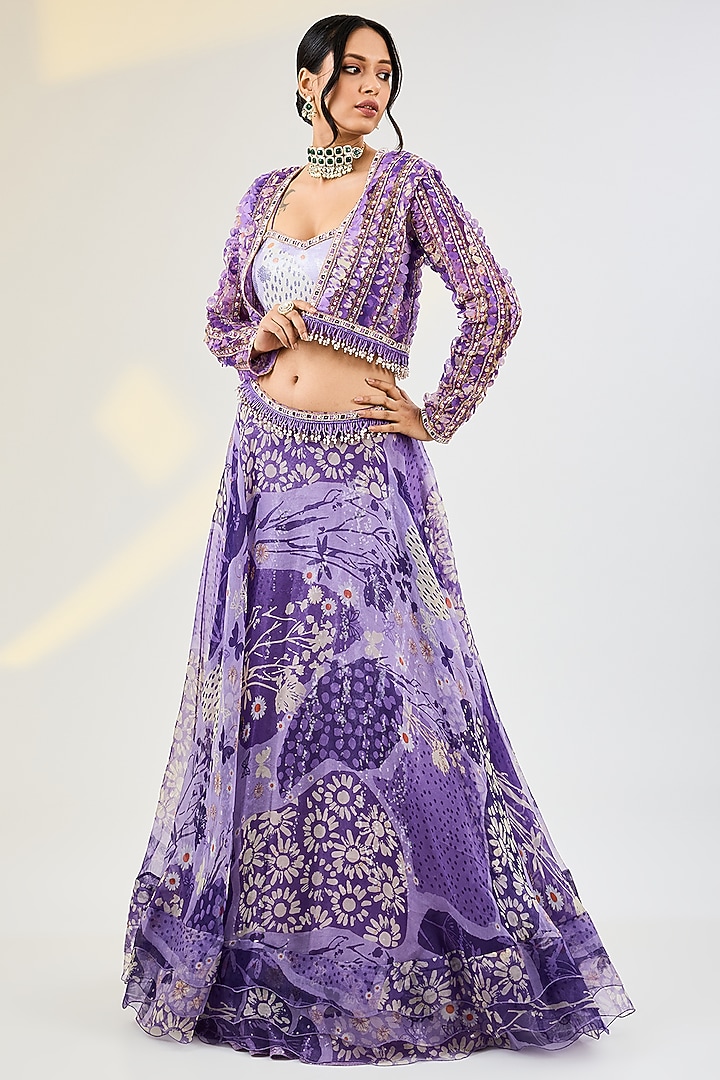 Purple Organza Embroidered & Digital Printed Skirt Set by AWIGNA BY VARSHA & RITTU at Pernia's Pop Up Shop