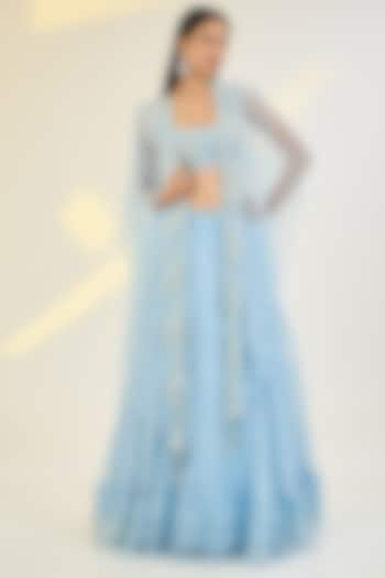 Powder Blue Organza & Net Hand Embroidered Jacket Wedding Lehenga Set by AWIGNA BY VARSHA & RITTU at Pernia's Pop Up Shop