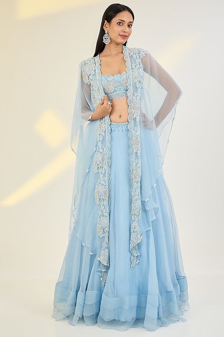 Powder Blue Organza & Net Hand Embroidered Jacket Wedding Lehenga Set by AWIGNA BY VARSHA & RITTU at Pernia's Pop Up Shop