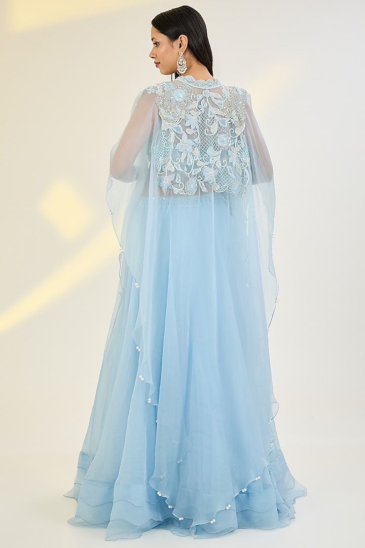 Powder Blue Organza & Net Hand Embroidered Jacket Wedding Lehenga Set by AWIGNA BY VARSHA & RITTU at Pernia's Pop Up Shop