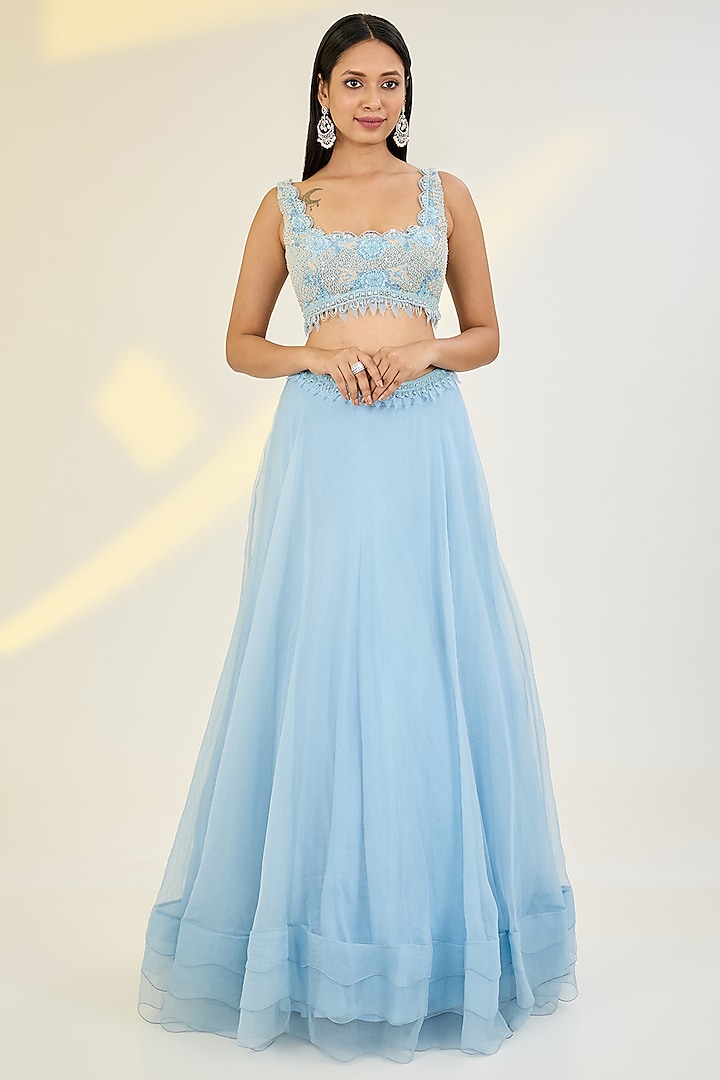 Powder Blue Organza & Net Hand Embroidered Jacket Wedding Lehenga Set by AWIGNA BY VARSHA & RITTU at Pernia's Pop Up Shop