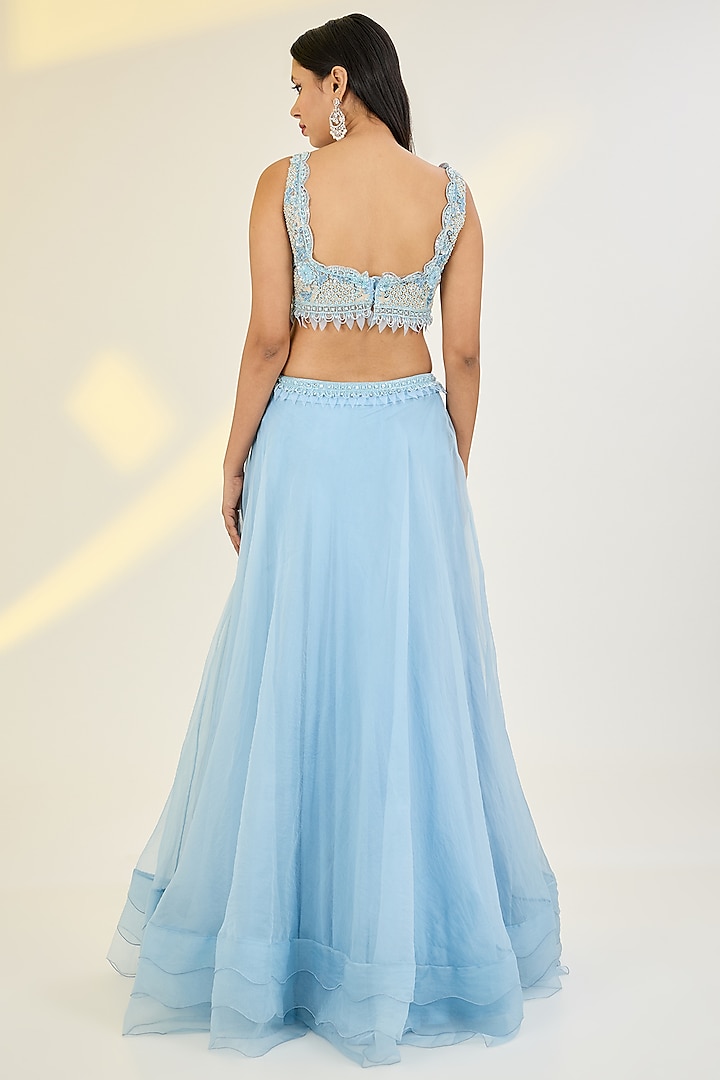 Powder Blue Organza & Net Hand Embroidered Jacket Wedding Lehenga Set by AWIGNA BY VARSHA & RITTU at Pernia's Pop Up Shop