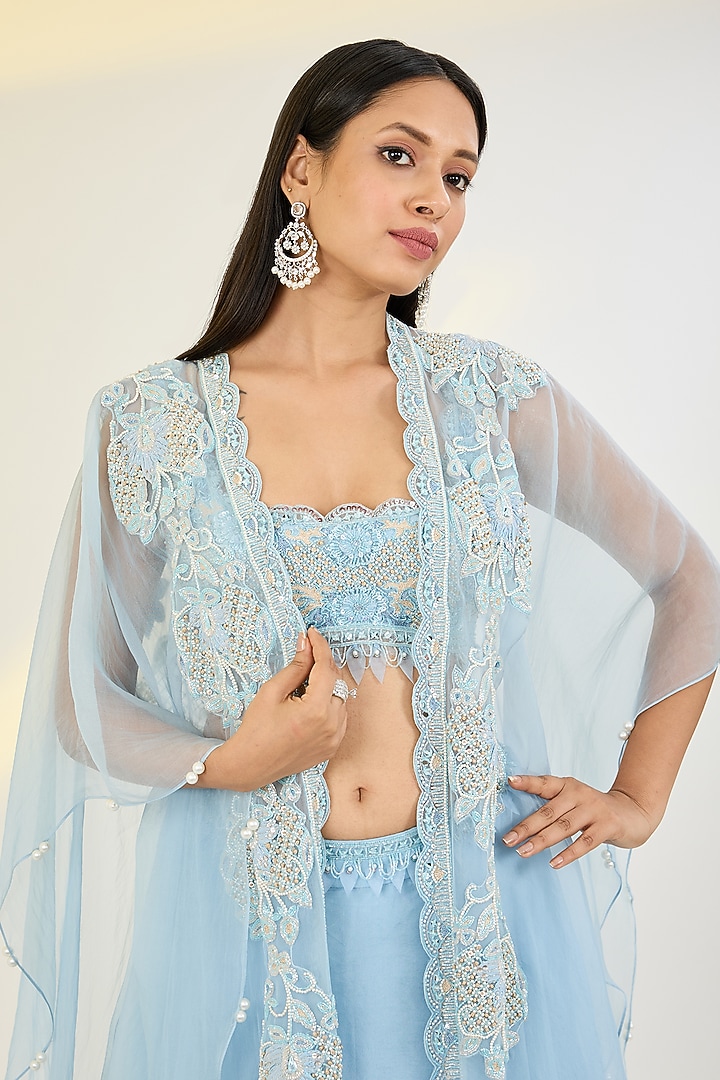 Powder Blue Organza & Net Hand Embroidered Jacket Wedding Lehenga Set by AWIGNA BY VARSHA & RITTU at Pernia's Pop Up Shop