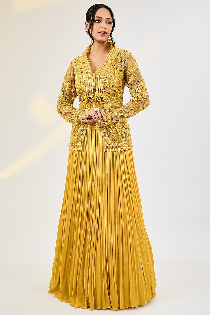 Yellow Georgette & Net Anarkali Set by AWIGNA BY VARSHA & RITTU at Pernia's Pop Up Shop