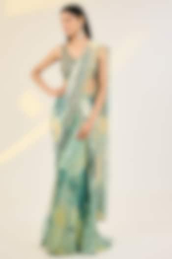 Mint Green Organza Printed Palazzo Saree Set by AWIGNA BY VARSHA & RITTU at Pernia's Pop Up Shop