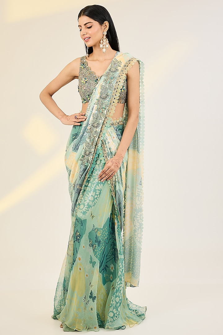 Mint Green Organza Printed Palazzo Saree Set by AWIGNA BY VARSHA & RITTU at Pernia's Pop Up Shop