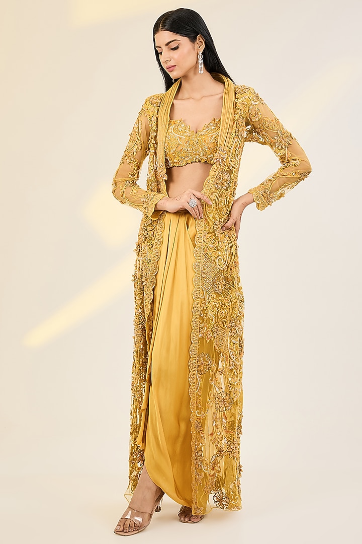 Yellow Net & Organza Hand Embroidered Jacket Set by AWIGNA BY VARSHA & RITTU at Pernia's Pop Up Shop