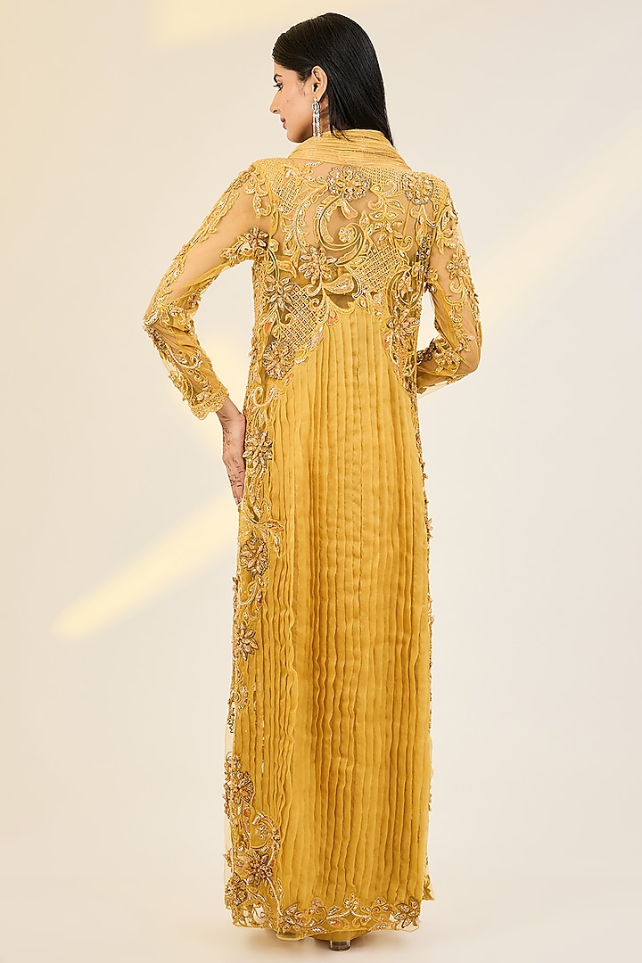Yellow Net & Organza Hand Embroidered Jacket Set by AWIGNA BY VARSHA & RITTU at Pernia's Pop Up Shop