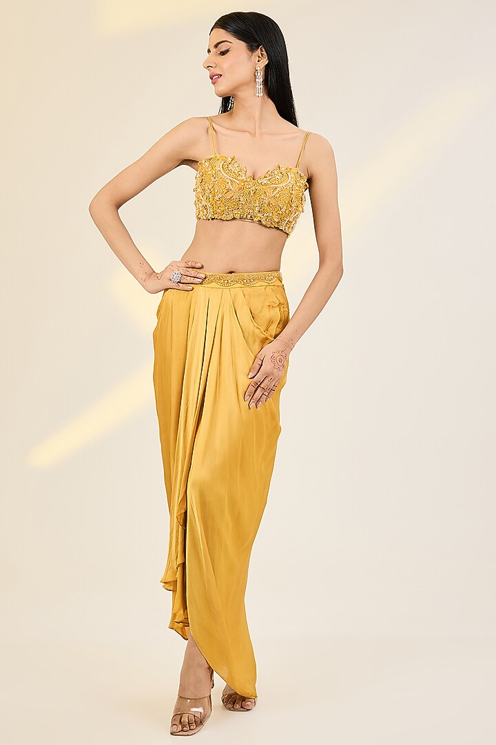 Yellow Net & Organza Hand Embroidered Jacket Set by AWIGNA BY VARSHA & RITTU at Pernia's Pop Up Shop