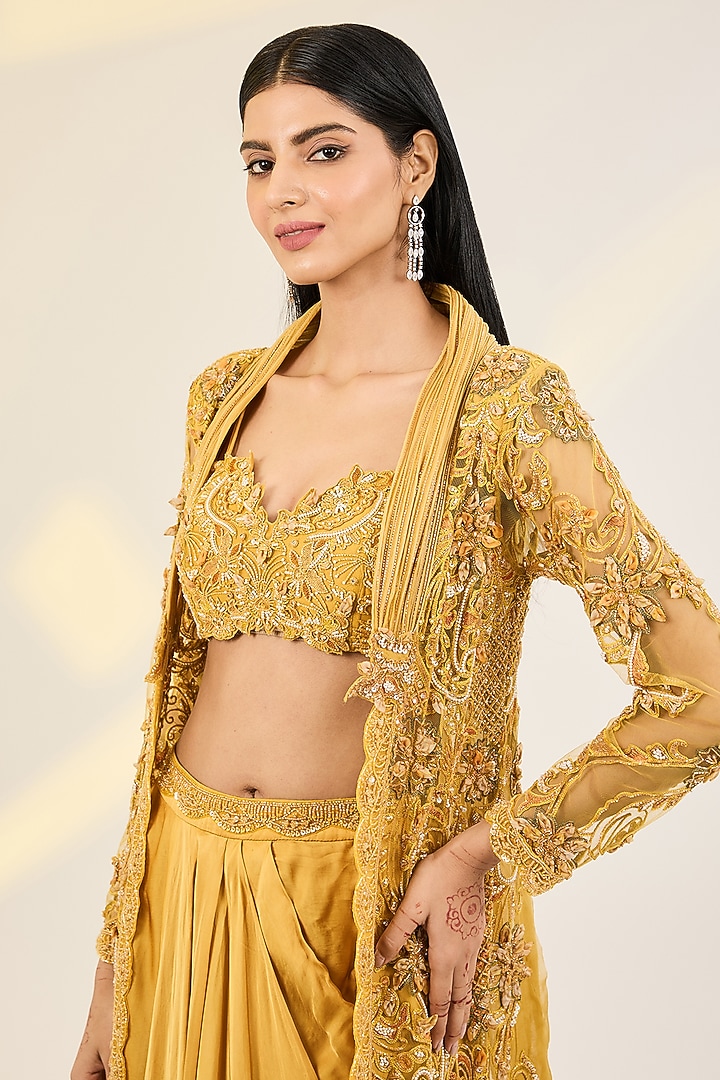 Yellow Net & Organza Hand Embroidered Jacket Set by AWIGNA BY VARSHA & RITTU at Pernia's Pop Up Shop