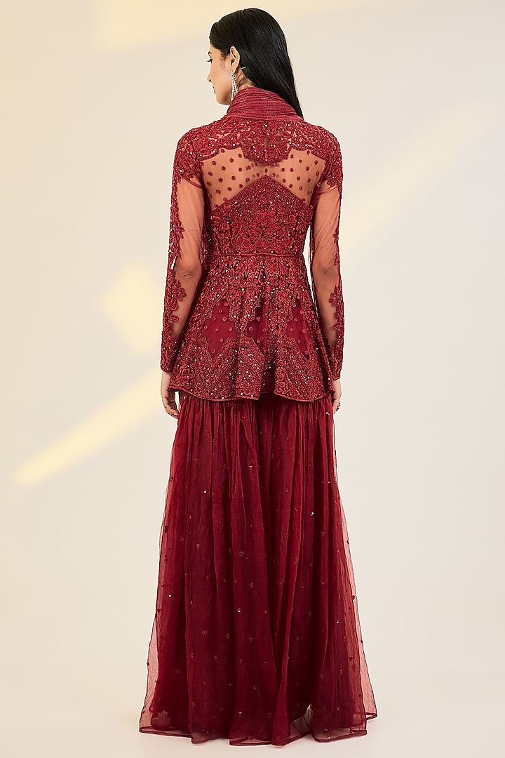 Red Organza & Net Hand Embroidered Bridal Sharara Set by AWIGNA BY VARSHA & RITTU at Pernia's Pop Up Shop