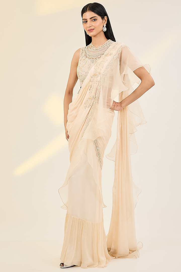 Ivory Chiffon & Organza Hand Embroidered Pre-Draped Wedding Saree Set by AWIGNA BY VARSHA & RITTU at Pernia's Pop Up Shop