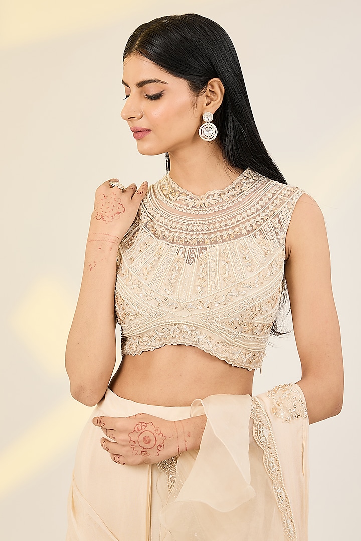 Ivory Chiffon & Organza Hand Embroidered Pre-Draped Wedding Saree Set by AWIGNA BY VARSHA & RITTU at Pernia's Pop Up Shop