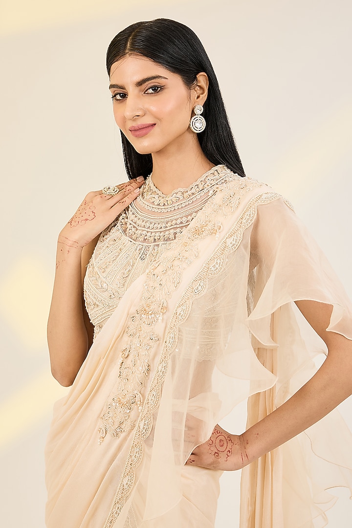 Ivory Chiffon & Organza Hand Embroidered Pre-Draped Wedding Saree Set by AWIGNA BY VARSHA & RITTU at Pernia's Pop Up Shop