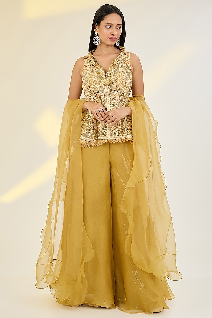 Yellow Net & Organza Palazzo Pant Set by AWIGNA BY VARSHA & RITTU at Pernia's Pop Up Shop