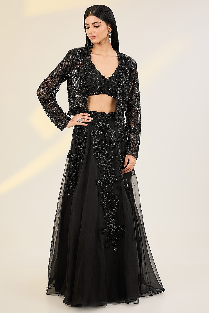 Black Organza & Net Hand Embroidered Jacket Wedding Lehenga Set by AWIGNA BY VARSHA & RITTU at Pernia's Pop Up Shop