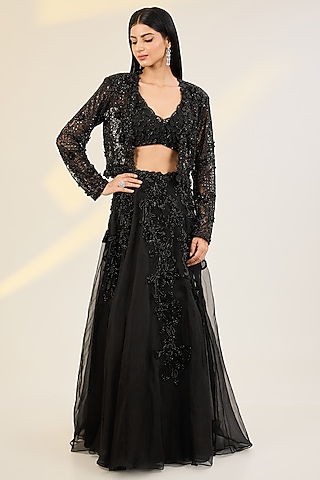 Black Organza & Net Hand Embroidered Jacket Lehenga Set by AWIGNA BY VARSHA & RITTU