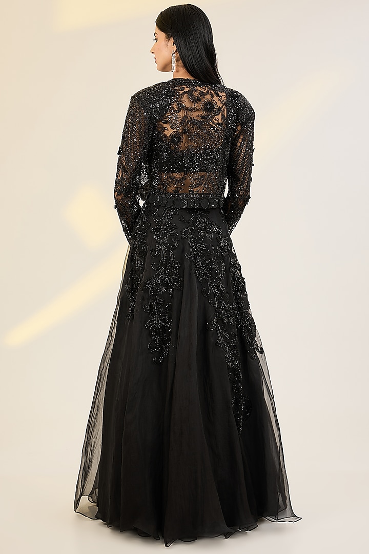 Black Organza & Net Hand Embroidered Jacket Wedding Lehenga Set by AWIGNA BY VARSHA & RITTU at Pernia's Pop Up Shop