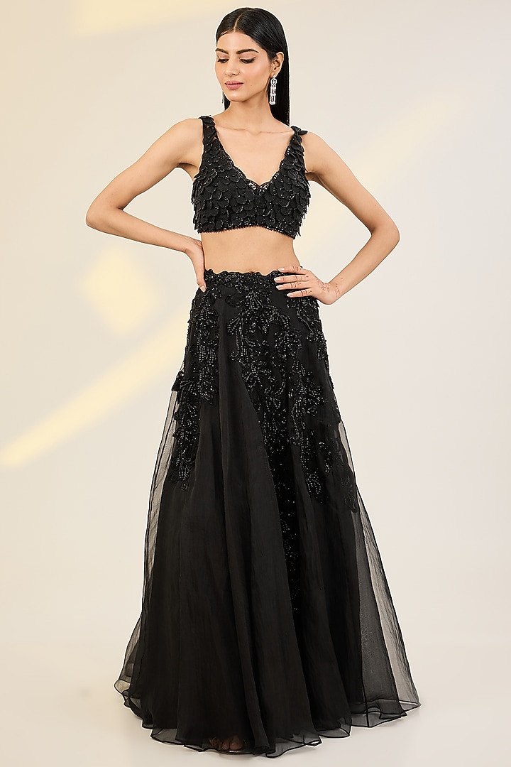 Black Organza & Net Hand Embroidered Jacket Wedding Lehenga Set by AWIGNA BY VARSHA & RITTU at Pernia's Pop Up Shop