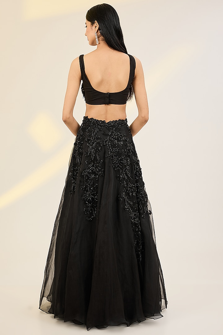 Black Organza & Net Hand Embroidered Jacket Wedding Lehenga Set by AWIGNA BY VARSHA & RITTU at Pernia's Pop Up Shop