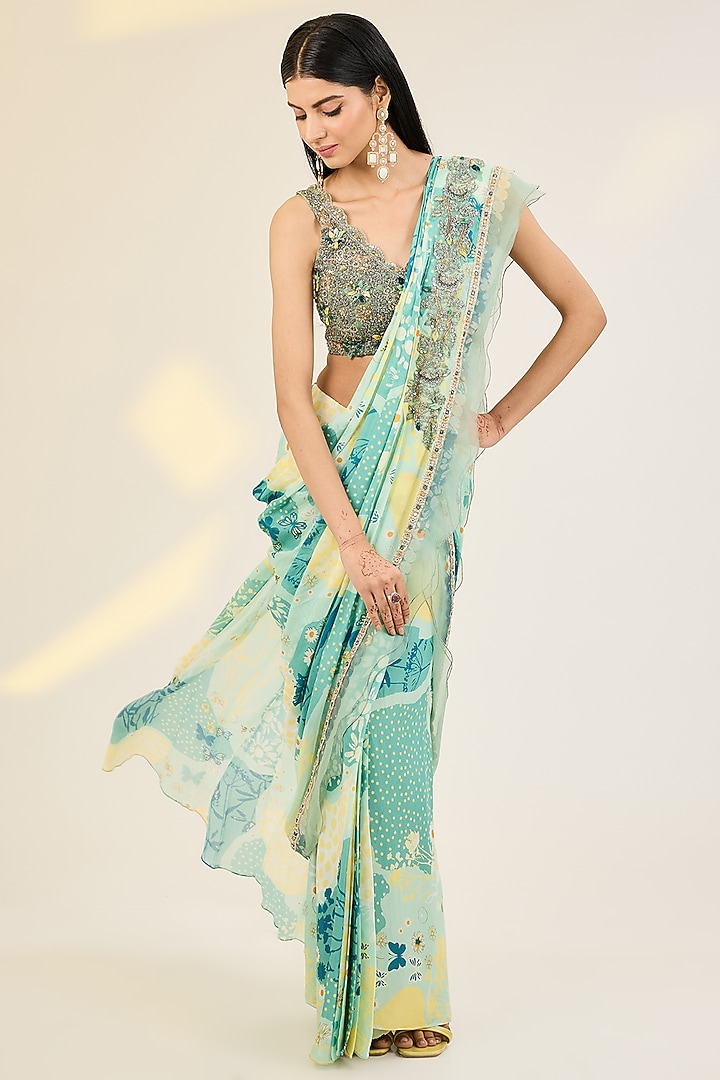 Mint Green Chiffon Digital Printed & Embroidered Pre-Draped Wedding Saree Set by AWIGNA BY VARSHA & RITTU at Pernia's Pop Up Shop