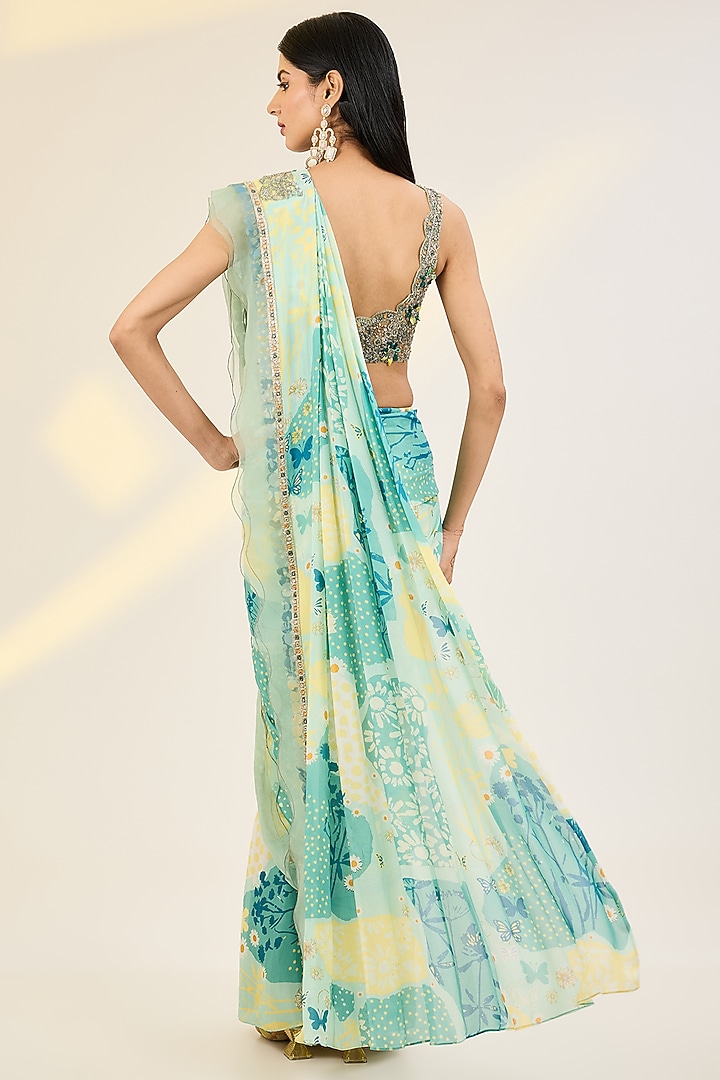 Mint Green Chiffon Digital Printed & Embroidered Pre-Draped Wedding Saree Set by AWIGNA BY VARSHA & RITTU at Pernia's Pop Up Shop