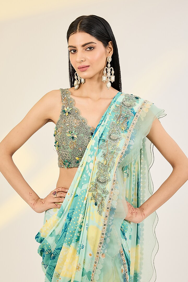 Mint Green Chiffon Digital Printed & Embroidered Pre-Draped Wedding Saree Set by AWIGNA BY VARSHA & RITTU at Pernia's Pop Up Shop