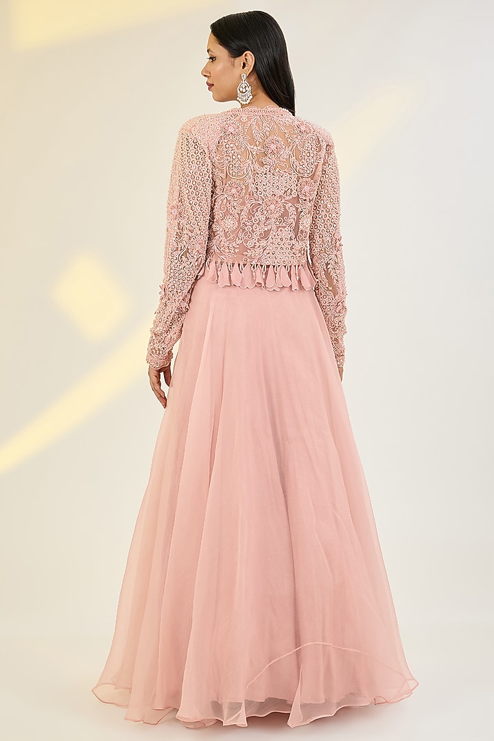 Rose PInk Organza & Net Hand Embroidered Jacket Engagement Gown by AWIGNA BY VARSHA & RITTU at Pernia's Pop Up Shop