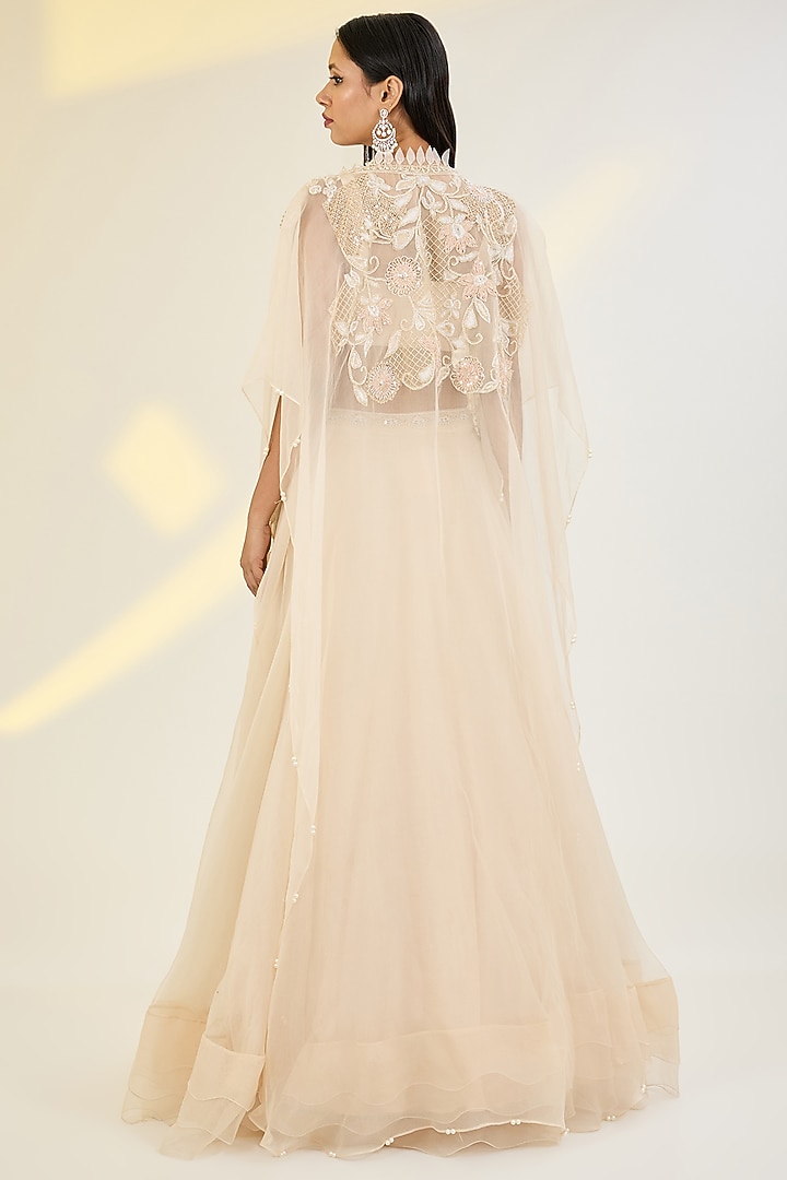 Ivory Organza & Net Floral Hand Embroidered Jacket Wedding Lehenga Set by AWIGNA BY VARSHA & RITTU at Pernia's Pop Up Shop