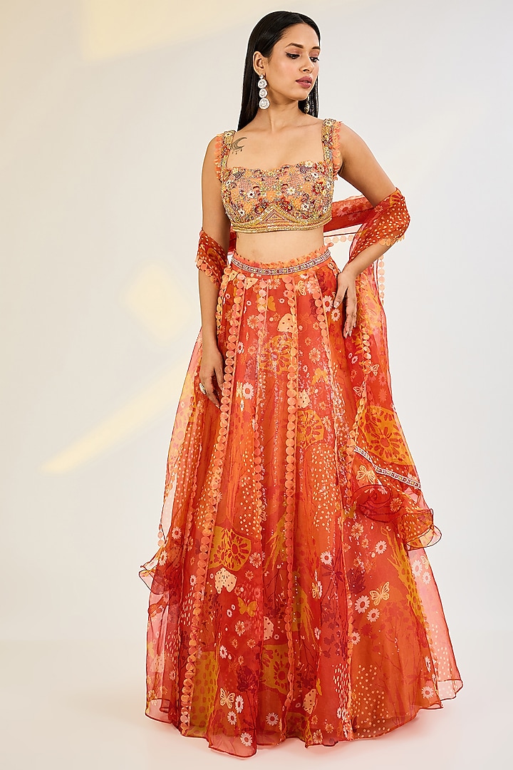 Orange Organza & Net Hand Embroidered Wedding Lehenga Set by AWIGNA BY VARSHA & RITTU at Pernia's Pop Up Shop