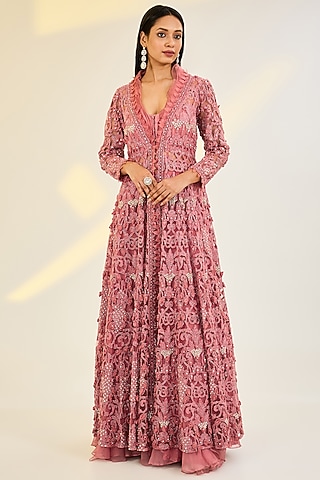 Pink Organza & Net Hand Embroidered Jacket Set by AWIGNA BY VARSHA & RITTU