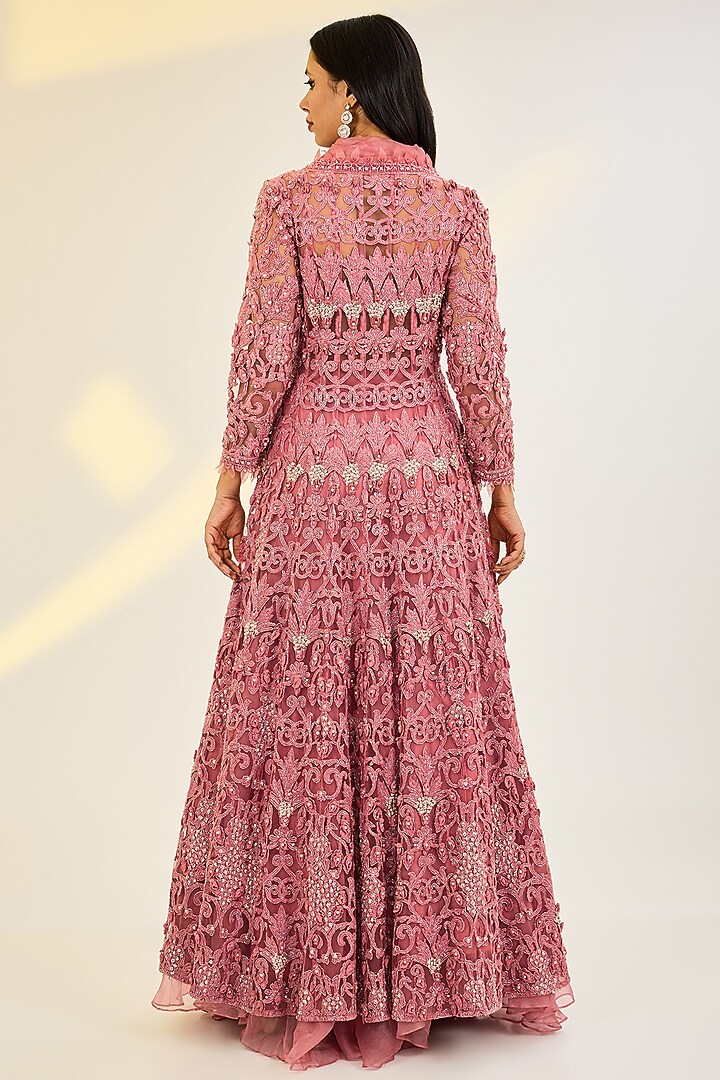 Pink Organza & Net Hand Embroidered Jacket Set by AWIGNA BY VARSHA & RITTU at Pernia's Pop Up Shop