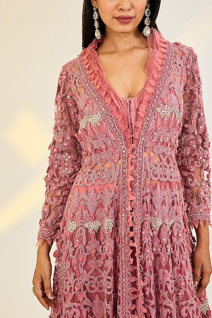 Pink Organza & Net Hand Embroidered Jacket Set by AWIGNA BY VARSHA & RITTU at Pernia's Pop Up Shop
