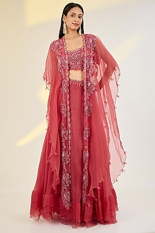 Coral Red Organza & Net Floral Embroidered Jacket Lehenga Set by AWIGNA BY VARSHA & RITTU