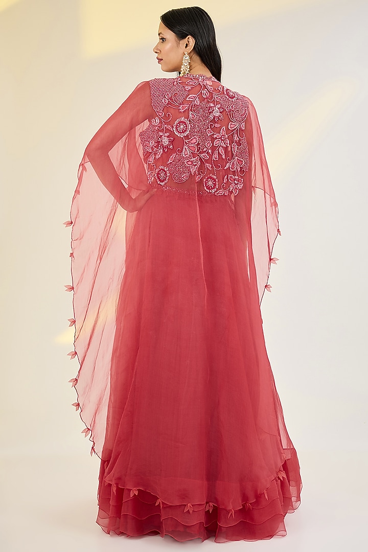 Coral Red Organza & Net Floral Embroidered Jacket Wedding Lehenga Set by AWIGNA BY VARSHA & RITTU at Pernia's Pop Up Shop