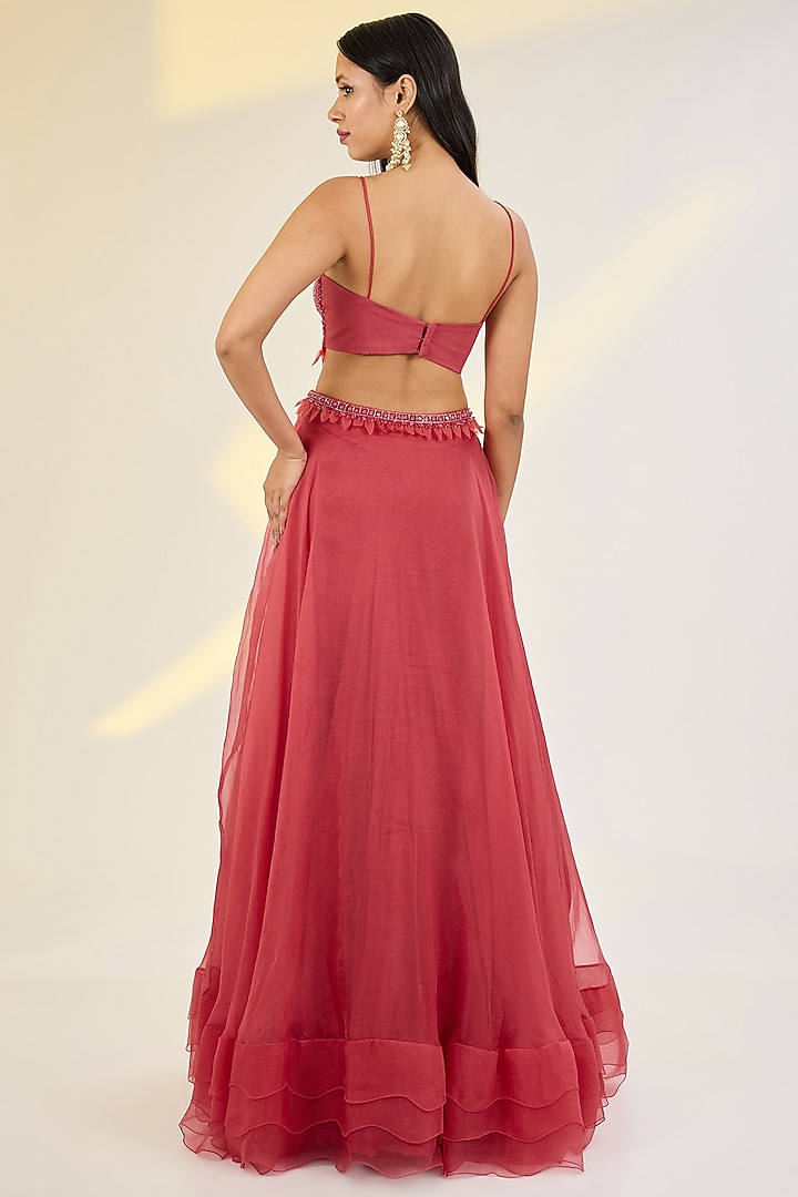 Coral Red Organza & Net Floral Embroidered Jacket Wedding Lehenga Set by AWIGNA BY VARSHA & RITTU at Pernia's Pop Up Shop