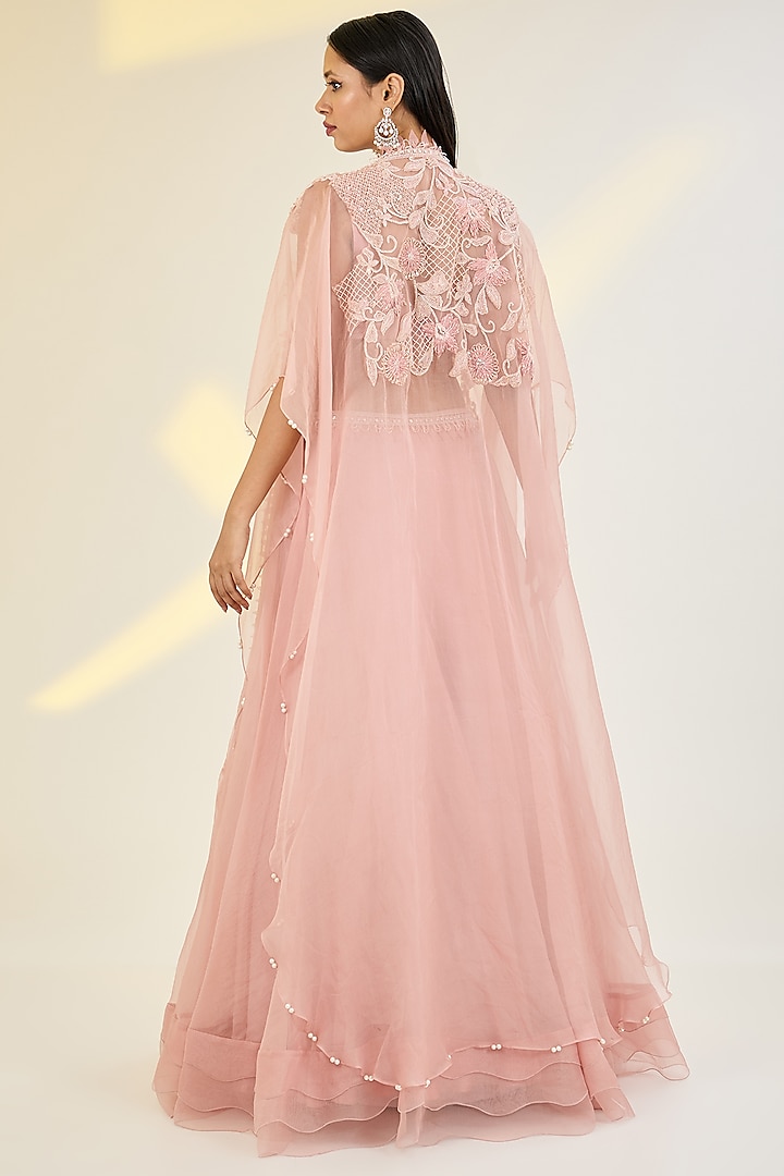Rose Pink Organza & Net Floral Embroidered Jacket Wedding Lehenga Set by AWIGNA BY VARSHA & RITTU at Pernia's Pop Up Shop