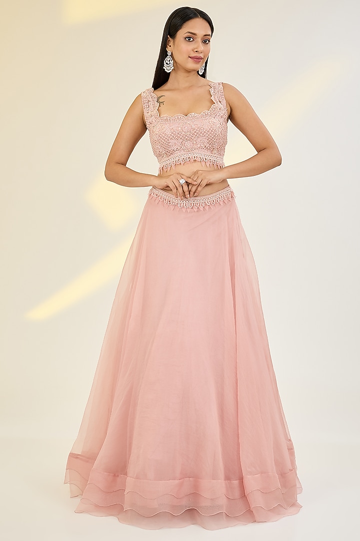 Rose Pink Organza & Net Floral Embroidered Jacket Wedding Lehenga Set by AWIGNA BY VARSHA & RITTU at Pernia's Pop Up Shop
